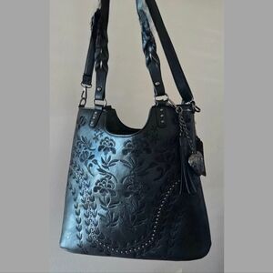 Sam & Hadley Black Embroidered Floral Studded Shoulder Bag